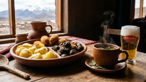 木製テーブルに盛られたボリビア高原のポテト料理3種類（Papas a la Huancaína、Papas Rellenas、Chuño）と、湯気の立つコカ茶カップと泡立つビールが並ぶグルメセット。自然光で色彩と質感が鮮やかに映るフォトリアル写真。