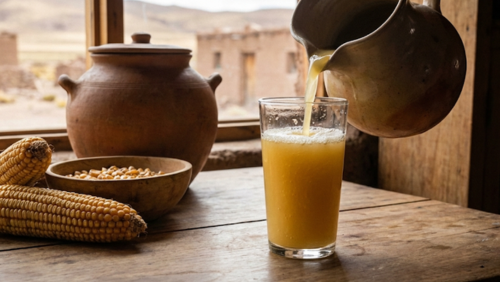 ボリビア高原の木製テーブルに注がれたチチャ（トウモロコシ発酵飲料）のグラス。泡立ちや色味が鮮明で、横には発酵用トウモロコシや木の器が置かれている。自然光が差し込み、フォトリアルな旅行ドキュメンタリー写真。