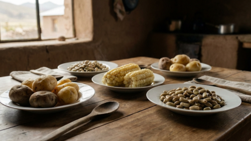 ボリビア高原の食卓に並ぶ、茹でたジャガイモと大粒トウモロコシ、豆類を使ったシンプルな家庭料理。白い陶器の皿に盛られ、自然光の中で素材そのものの色と質感が伝わる素朴な一皿。