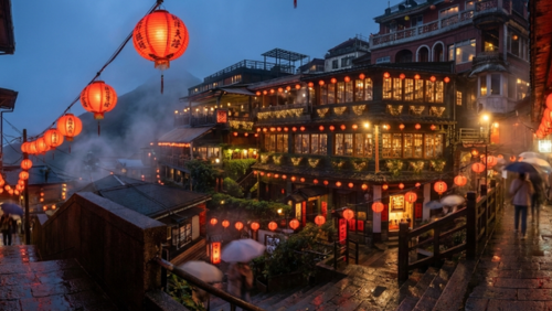 夕暮れの台湾・九份。赤い提灯が灯る石畳の坂道と、霧に包まれた伝統的な茶館が並ぶ幻想的な街並み。