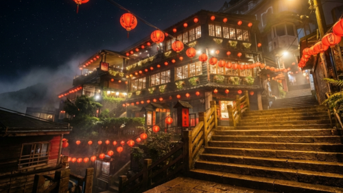九份の夜の街並みを階段の下から見上げた風景。赤い提灯が連なる坂道が、物語の世界を思わせる印象的な景観。