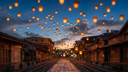 台湾・十分の夜空に浮かぶ天燈。静かな街並みと幻想的な光が広がる風景。
