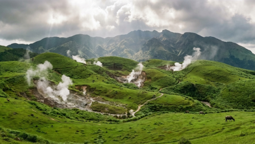 陽明山国家公園の草原と噴気孔。台北近郊とは思えない自然風景。