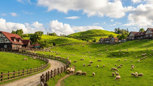 清境農場の高原風景。緑の丘と羊が広がるのどかな景色。