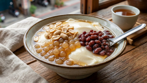 台湾の伝統的なデザート、豆花（トウファ）。器に盛られた滑らかな豆腐プリンの上に、ピーナッツ、タピオカ、赤豆がトッピングされている。明るい自然光で美味しそうに見える、横長のリアル写真。