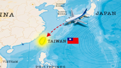 東アジアを中心とした世界地図。日本から台湾へ向かう飛行機のアイコンと破線の飛行ルートが描かれており、台湾の位置が強調されて国旗が大きく表示されています。日本と台湾の国名もラベルで記載され、教育用や旅行案内に適した見やすい地図です