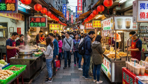 台湾の伝統的な街角の屋台や朝市の風景。色とりどりの食べ物や商品が並ぶ屋台で人々が買い物をしており、店員が接客している様子も見える。提灯や看板が下がる通りで、にぎやかで親しみやすい雰囲気が伝わる横長の画像
