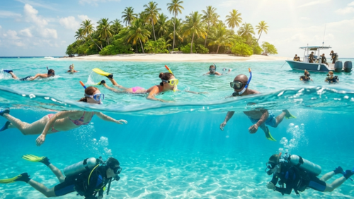 澄んだ青い海で海水浴やダイビングを楽しむ人々の様子。シュノーケルやダイビング用の装備を身に着けた観光客が、透明度の高い海に入り、背景には緑の島が見える。明るい日差しが降り注ぐ夏のリゾート感あふれる風景の横長画像