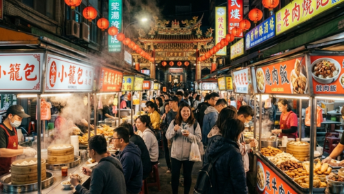夜の台湾の屋台街の風景。色とりどりの屋台が並び、小籠包や魯肉飯、揚げ物などの台湾名物を楽しむ人々が歩いている。提灯や看板が灯り、にぎやかで親しみやすい雰囲気が伝わる横長の画像