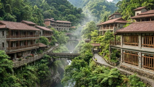 台湾・新北市烏來区の雲仙樂園（Yun Hsien Resort）の建物。緑豊かな山あいに溶け込むリゾートホテルや施設の外観が見え、森と山に囲まれた自然の中に建つ様子がわかる横長の画像
