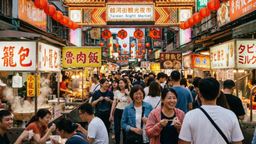 台湾の夜市で、ネオンや提灯が灯る通りを歩きながら、屋台グルメを食べ歩きする観光客と地元の人々のにぎやかな夜の風景