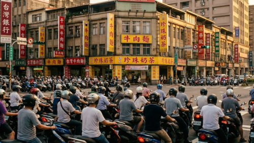 台湾の朝夕ラッシュ時に見られるスクーターの多さを捉えた街中の風景