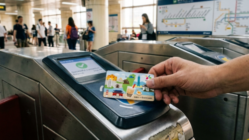 台湾の悠遊カード（EasyCard）をMRT改札でタッチして利用している様子。公共交通や買い物に使える便利なICカード