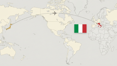 世界地図で見る日本からイタリアまでの位置関係と飛行ルートを示したイメージ、イタリア国旗付き