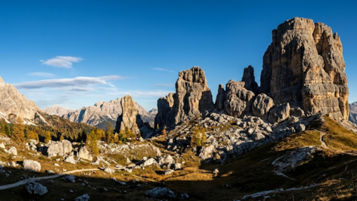 ドロミーティを象徴するチンクエ・トッリの巨大な岩峰群の絶景