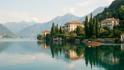 アルプスに囲まれたイタリア・コモ湖の美しい湖畔リゾート風景