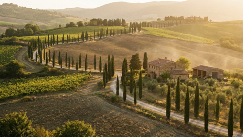 糸杉と丘陵が続くトスカーナ地方の絵画のような田園風景
