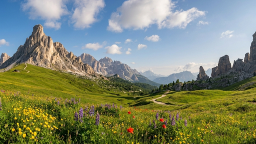 春から初夏の新緑に包まれたイタリア・ドロミーティのアルプス山脈の風景