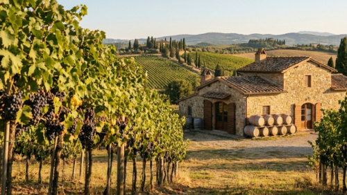 イタリアの田園地帯で行われる伝統的なワイン造りの風景、ぶどう畑とワイナリーが広がる景色