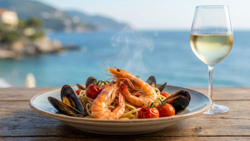 イタリアの海沿いレストランで楽しむシーフードパスタと白ワインのセット
