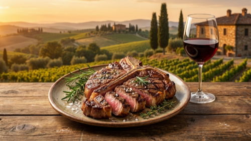 トスカーナ名物ステーキと赤ワインの組み合わせを写したイタリアの食卓風景