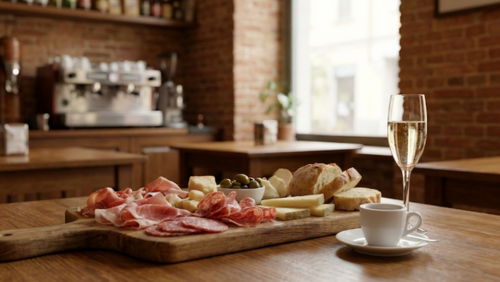 イタリアのカフェで味わう生ハムとチーズ、エスプレッソやプロセッコのセット