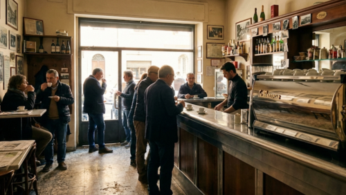 イタリアのカフェで立ち飲みエスプレッソを楽しむ人々の様子、地元の雰囲気が伝わる店内風景