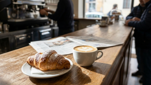 タリアのバールで楽しむ朝食。香ばしいクロワッサン（コルネット）と、きめ細かな泡のカプチーノのセット。