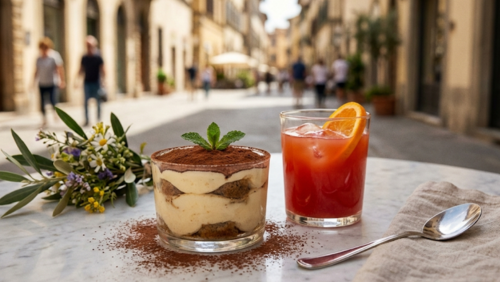 イタリアのカフェで味わう本場のティラミスと、フレッシュなフルーツジュースの爽やかなセット。