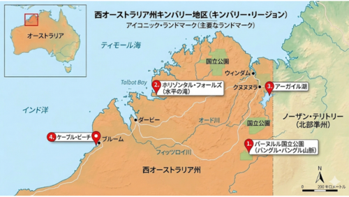 オーストラリア北西部のキンバリー地区をクローズアップした日本語の地図。西オーストラリア州の広大なキンバリー地方を中心に、主要な街（ブルーム、クヌヌラ、ダービー、ウィンダム）と、4つの絶景ポイント（1. パーヌルル国立公園、2. ホリゾンタル・フォールズ、3. アーガイル湖、4. ケーブル・ビーチ）が赤ピンで示されている。左上にはオーストラリア全土における位置を示すインセットマップがあり、北西端に位置することが一目でわかるようになっている