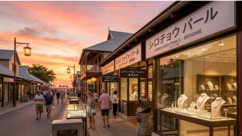 夕焼け空の下、アンティークな街灯が灯るブルームのパールジュエリーショップが並ぶ通り。ショーウィンドウには高級な真珠のネックレスが飾られ、看板には「シロチョウパール」などの日本語表記が見える。通りを歩く観光客や、かつての潜水服のヘルメットを模したオブジェが置かれ、真珠の街としての歴史と洗練された雰囲気を感じさせる風景写真