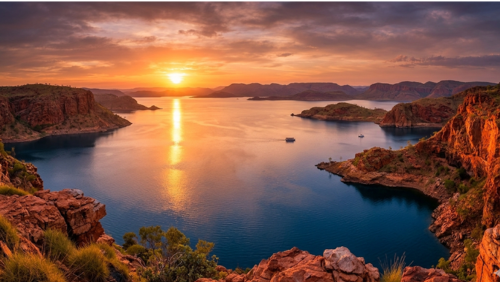 西オーストラリア州・アーガイル湖の夕暮れ風景。手前にはゴツゴツとした赤い断崖絶壁がそびえ立ち、その間をサファイアブルーの湖水が満たしている。沈みゆく太陽が空をオレンジ色に染め、穏やかな湖面には光の筋が一直線に伸びている。遠くには連なる山々が影となり、湖には小さなボートが浮かぶ、広大なアウトバックのオアシスを捉えたパノラマ写真