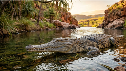 西オーストラリアの淡水域に生息する淡水ワニ（フレッシュウォーター・クロコダイル）のクローズアップ。透き通った水面から頭と背中を出し、鋭い眼光でこちらをうかがう野生の姿。背景には赤い岩肌の峡谷と緑の植物が広がり、夕陽の柔らかな光がワニの硬い鱗を照らしている、8Kの超高精細でリアルな風景写真