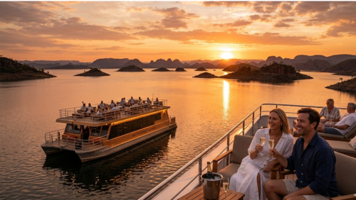 夕暮れ時のアーガイル湖で楽しむ豪華なサンセット・クルーズの風景。黄金色に染まる広い湖面に、点在する島々が美しいシルエットとなって浮かび上がっている。クルーズ船のデッキでは、笑顔の男女がシャンパングラスを手に乾杯し、ゆったりとしたソファで贅沢な時間を過ごしている。背景には連なる山々の稜線と、沈みゆく太陽が作り出すドラマチックな夕焼け空が広がる風景写真。