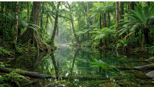 デインツリー熱帯雨林の最深部に位置する秘境「エマ・クリーク（Emmagen Creek）」の静かな水鏡。透き通ったエメラルドグリーンの川面に、周囲の巨大なシダ植物や太古の大樹が完璧な反射（リフレクション）を描き出している。水底の石まで見えるほど透明度が高く、倒木や苔むした岩が箱庭のような美しさを見せる、神秘的な天然プールの風景写真