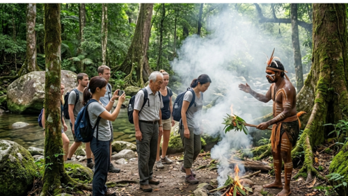 デインツリー熱帯雨林のモスマン渓谷で、先住民クク・ヤランジ族のガイドによる伝統的な儀式「スモーキング・セレモニー（煙の儀式）」に参加する観光客たち。伝統的なボディペイントを施したガイドが、焚き火から上がる煙を使って森の精霊に旅の安全を祈願しており、周囲には苔むした巨石や鬱蒼とした熱帯の木々が広がっている。文化体験と大自然が融合した、神聖なツアーのワンシーンを捉えた写真