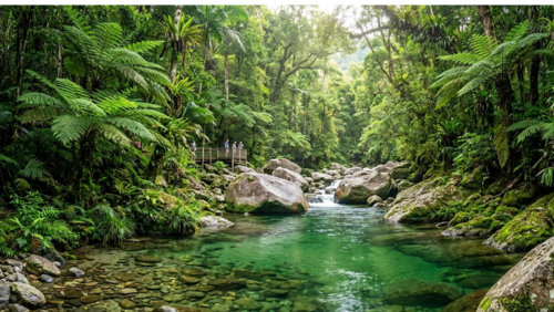 デインツリー熱帯雨林にあるモスマン渓谷の絶景。手前には透明度の高いエメラルドグリーンの川が穏やかに流れ、水底の丸い石まで鮮明に見えている。川の中央や岸辺には、長い年月をかけて削られた巨大な灰色の花崗岩が点在し、周囲を人の背丈を超える巨大なシダや鬱蒼とした熱帯植物の緑が囲んでいる。川沿いには木製の遊歩道があり、大自然の静寂と清涼感あふれる風景を捉えた写真
