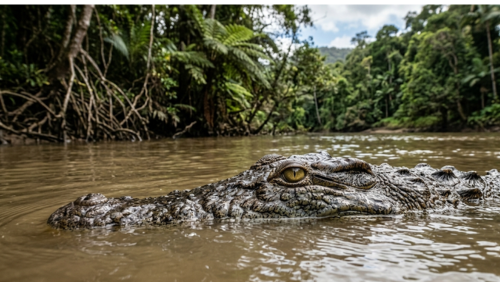 デインツリー川の濁った水面から、鋭い黄色い眼光を覗かせる巨大な野生のイリエワニのクローズアップ。ゴツゴツとした質感の頭部が水面ギリギリに浮かび、背後にはマングローブの複雑な根と鬱蒼とした熱帯雨林が広がっている。静寂の中に潜む捕食者の圧倒的な存在感と、湿地帯特有のワイルドな空気感を捉えた写真