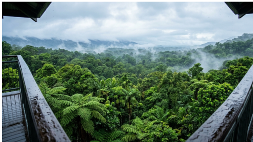デインツリー・ディスカバリー・センターのキャノピー・タワー最上階から見下ろす、雨に濡れた熱帯雨林の広大なパノラマ風景。手前には雨粒で光る木製のテラスと手すりがあり、そこから視界いっぱいにどこまでも続く深い緑の樹海が広がっている。立ち込める白い霧が森の重なりを幻想的に浮き上がらせ、雨の日ならではの静謐で神秘的な世界最古の森の姿を捉えた写真。