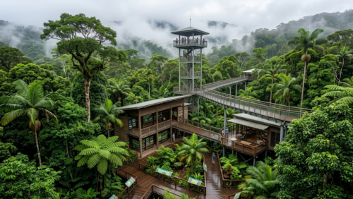 デインツリー熱帯雨林の深い緑に包まれた「デインツリー・ディスカバリー・センター」の全景。中央にそびえる高さ23メートルのキャノピー・タワーと、そこから伸びる空中回廊、そして木材を多用した環境配慮型デザインのビジターセンターやカフェが一望できる。雨上がりの霧が立ち込める中、巨大なシダやパームツリーといった古代の植物と施設が完全に融合した、神秘的な体験型ミュージアムの様子を捉えたワイド写真