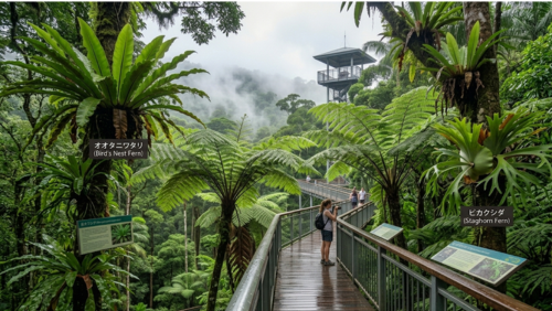 デインツリー・ディスカバリー・センターの地上11メートルに設置された空中回廊（エアリアル・ウォークウェイ）を歩く旅人の様子。回廊のすぐそばには、オオタニワタリやビカクシダといった巨大な着生植物や、高く伸びるシダの木々が生い茂っている。遠くには霧に包まれた熱帯雨林とキャノピー・タワーがそびえ立ち、森を傷つけることなく植物を間近で観察できる「空中散歩」の魅力を伝えるワイド写真