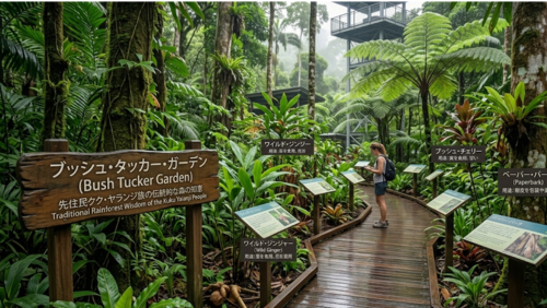 デインツリー・ディスカバリー・センター内にある「ブッシュ・タッカー・ガーデン」の様子。雨に濡れて光る木製の遊歩道沿いに、先住民クク・ヤランジ族が利用してきた植物の解説パネルが並んでいる。ワイルド・ジンジャーやブッシュ・チェリーといった植物の名前や用途が日本語と英語で記されており、背景には深い熱帯雨林とキャノピー・タワーが霧の中にたたずんでいる。一人の女性が足を止め、熱心にパネルを読んでいる