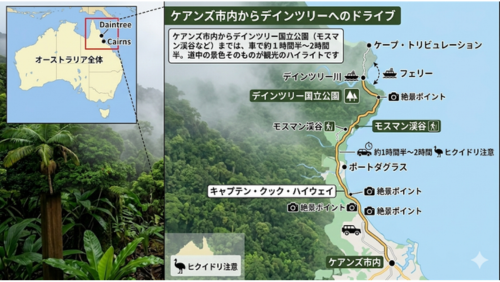 オーストラリア・クイーンズランド州北部の、ケアンズ市内からデインツリー国立公園までの道のりを示したルートマップ。左上にはオーストラリア全土における位置を示すインセットマップがあり、メインの地図ではキャプテン・クック・ハイウェイに沿った北上のドライブコースが描かれている。ケアンズ、ポートダグラス、モスマン渓谷、デインツリー川のフェリー乗り場、そしてケープ・トリビュレーションまでの主要ポイントがカタカナで表記され、「約1時間半〜2時間」「ヒクイドリ注意」「絶景ポイント」といったアイコン付きの注釈が添えられている。背景には深い熱帯雨林の風景が広がり、旅の期待感を高めるデザイン