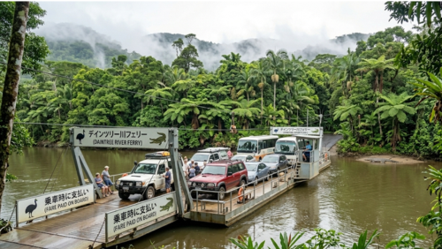 デインツリー川を渡る「デインツリー・リバー・フェリー」の様子。数台の乗用車や4WD車、観光バスを乗せたスチール製のケーブルフェリーが、茶褐色の川をゆっくりと進んでいる。フェリーの入り口には「デインツリー川フェリー」と日本語と英語で書かれた大きな看板があり、その下には「乗車時に支払い」という案内も見える。川の両岸には深い熱帯雨林が迫り、遠くの山々には雨上がりの霧が立ち込めている。岸辺には小さなワニが休んでおり、熱帯の野生味あふれる移動の瞬間を捉えた写真。