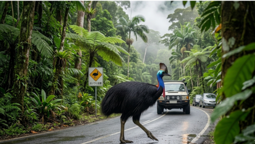 デインツリー熱帯雨林を貫く道路を横切る、大きなヒクイドリ（カソワリ）の姿。青い首と鮮やかな赤い肉垂、頭上の角のようなカスクが特徴的な大型の鳥が、アスファルトの上を堂々と歩いている。傍らには「カソワリ注意」と日本語で書かれた黄色い警戒標識があり、後方にはヒクイドリが通り過ぎるのを静かに待つ白いSUV車が停車している。雨上がりの霧に包まれた深いジャングルの中、野生動物と人間が共存するドライブコースの緊張感と神秘的な日常を捉えた写真