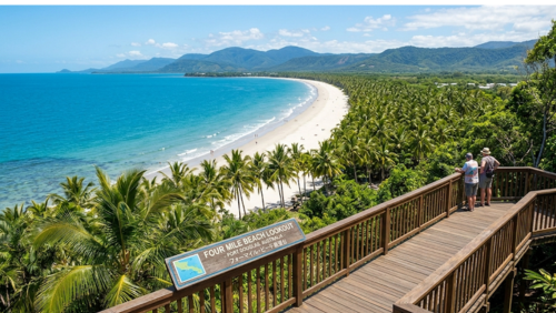 ポートダグラスのフォーマイル・ビーチ展望台から見下ろす絶景。どこまでも続く白い砂浜とパームツリーの並木、澄み切った青い海を一望するパノラマビュー