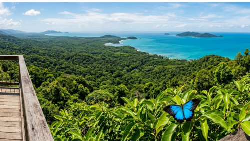 マウント・アレクサンドラ展望台から見見下ろす世界遺産デインツリー熱帯雨林のパノラマビュー。深い緑の森と青いコーラルシー（珊瑚海）が交わる海岸線と、遠くの島々を一望する絶景。手前の葉に青い蝶「ユリシス」が止まっています