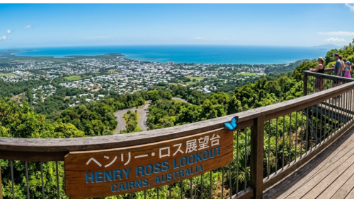 ヘンリー・ロス展望台から見下ろすケアンズの街並みと青い海のパノラマビュー。手前の木製看板には青い蝶ユリシスが止まり、遠くまで続く海岸線が見渡せる絶景。