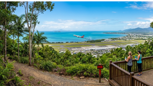 マウント・ウィットフィールドにあるレッド・アロー・ルックアウト（展望台）からのパノラマビュー。眼下にケアンズ空港の滑走路があり、ちょうどQantasのジェット機が離陸するダイナミックな瞬間と、その奥に広がるターコイズブルーのサンゴ海を一望する絶景。手前の木製看板には青い蝶ユリシスが止まっています
