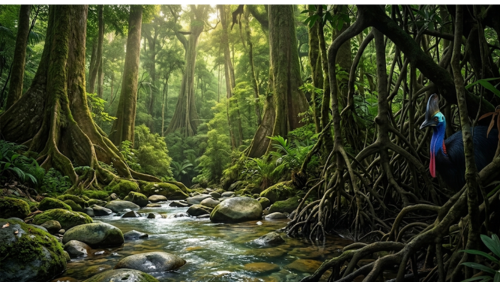 世界遺産デインツリー熱帯雨林の奥深く。苔むした岩の間を流れるモスマン渓谷の清流と、複雑に絡み合うマングローブの根元に潜む野生のヒクイドリ。1億8000万年前から続く古代の森の静寂を表現した風景